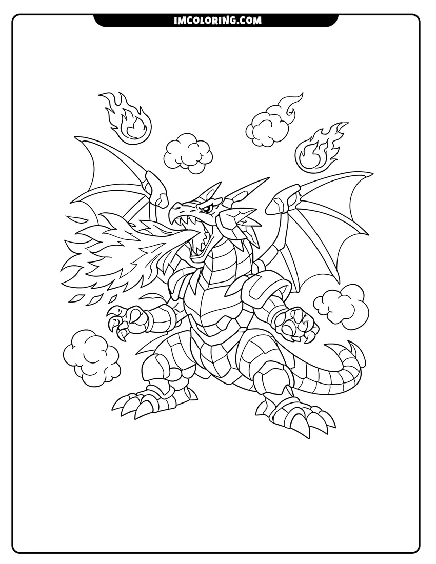 Simple line drawing of Robotic Dragonoid breathing fire with smoke