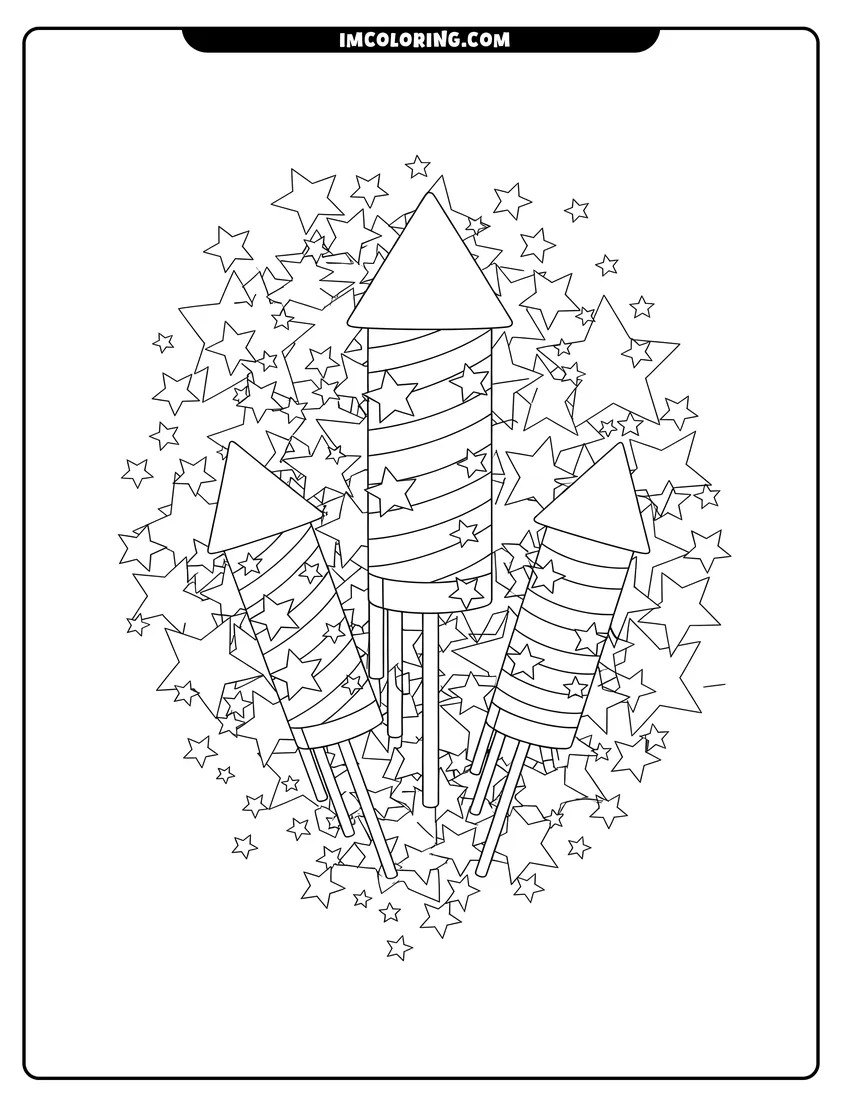 Vector style outline of Three firework rockets decorated with stars and stripes