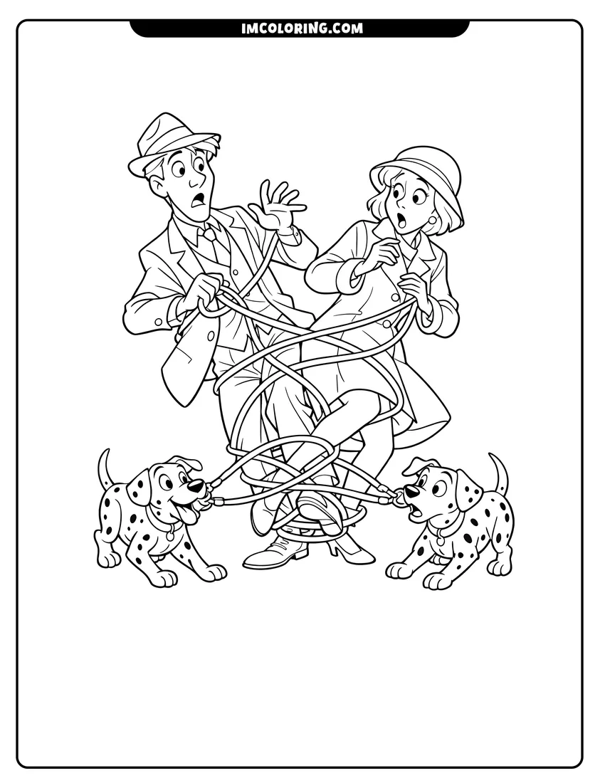 Black and white Roger and Anita tangled in dog leashes coloring sheet