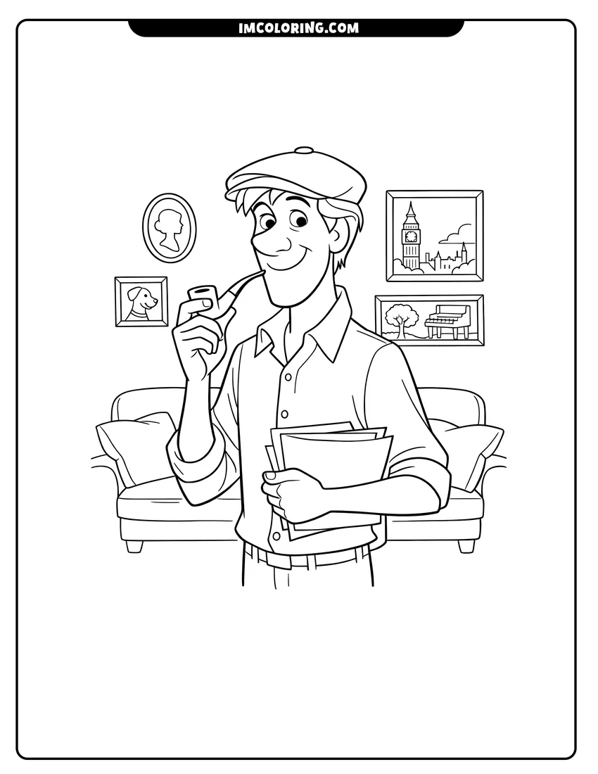 Illustration of Roger Radcliffe standing in his living room ready for painting