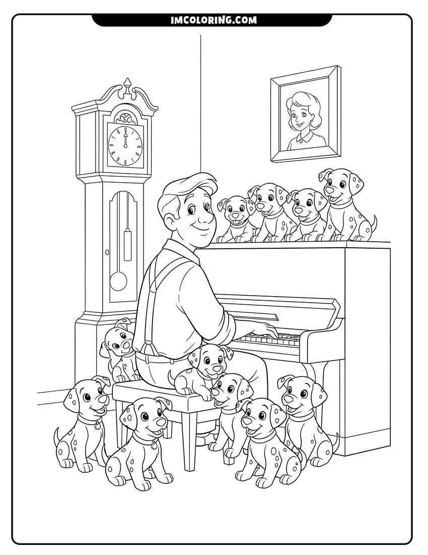 Printable outline of Roger Radcliffe playing piano for dalmatian puppies