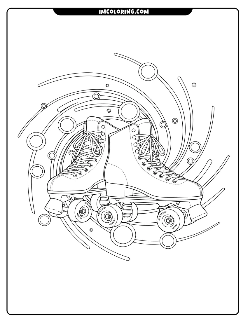 Free to print drawing of Pair of classic quad roller skates with swirling background patterns