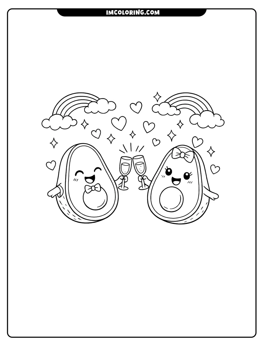 Printable coloring page featuring Two avocado halves toasting glasses with hearts and rainbows