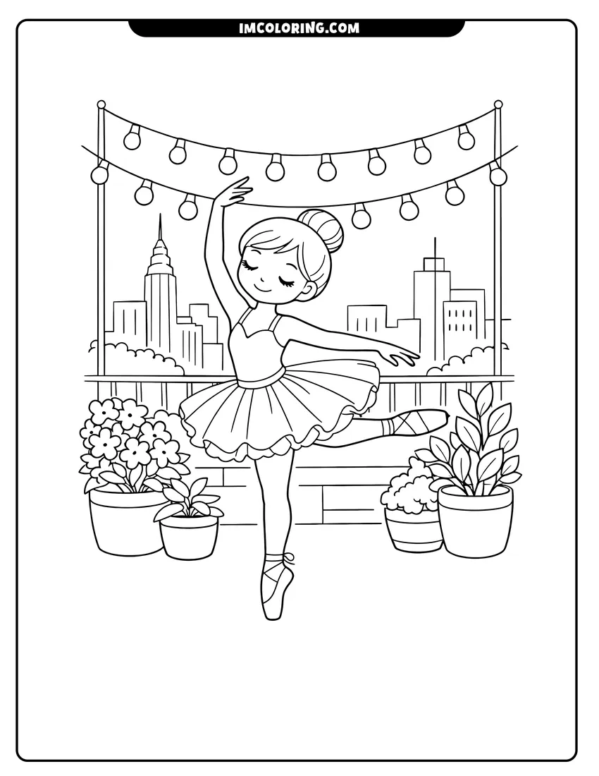 Detailed Ballerina dancing on a rooftop garden with skyline design for coloring
