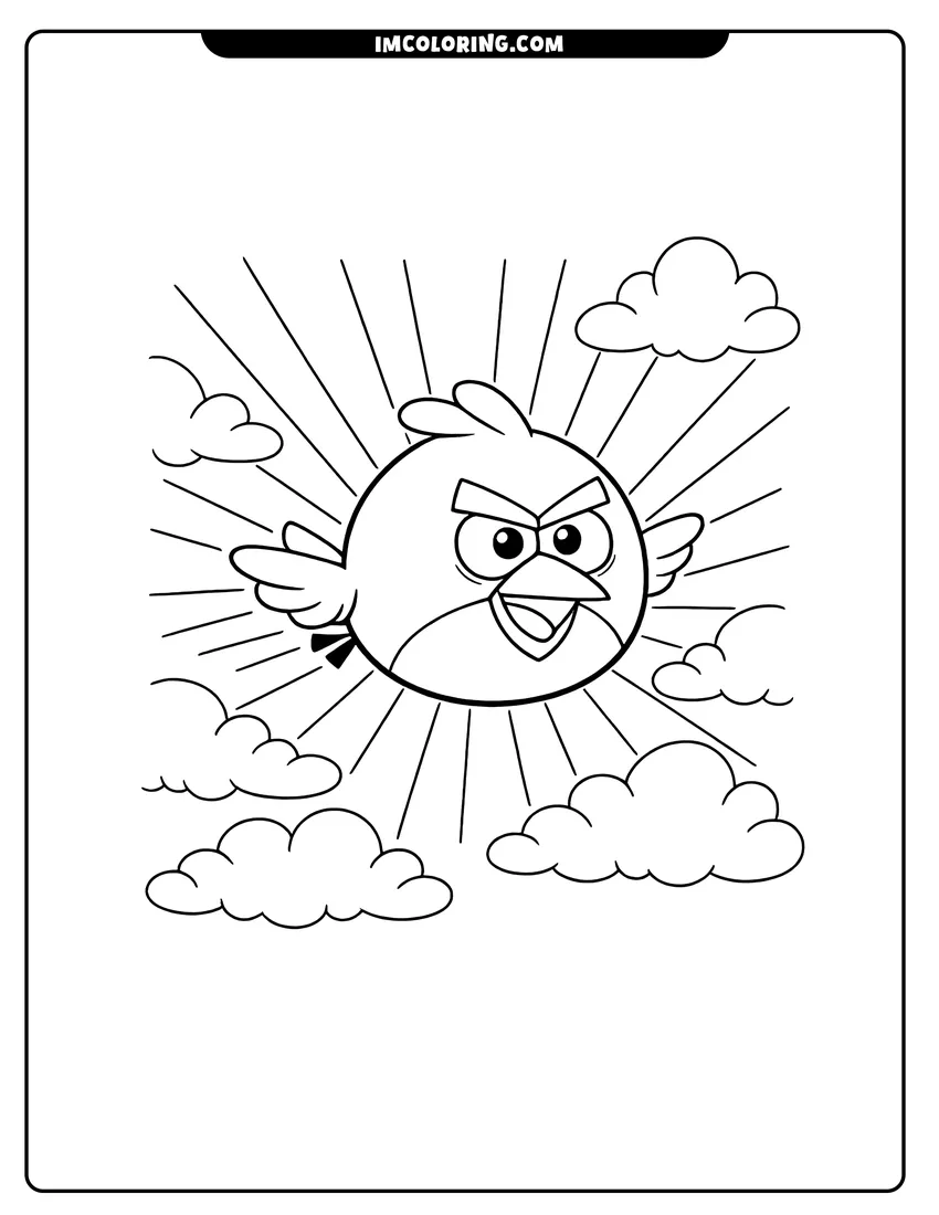 Easy-to-color Blue bird with wide eyes flying in the sky illustration