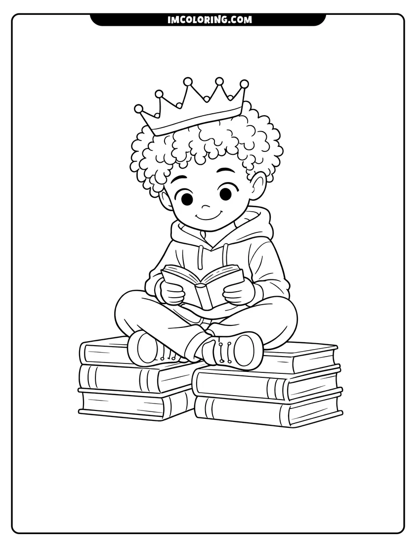 Kawaii style Black boy wearing a crown reading on books coloring picture