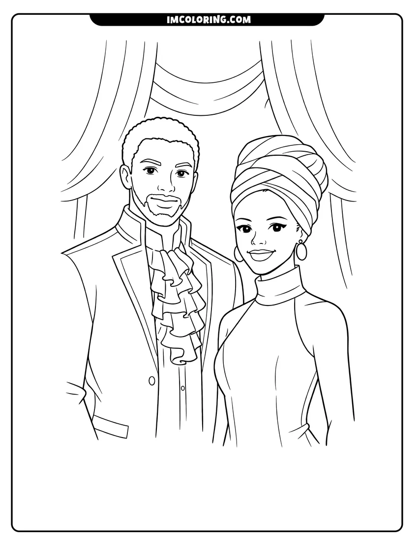 Line art depicting T'Challa and Shuri in formal Wakandan attire