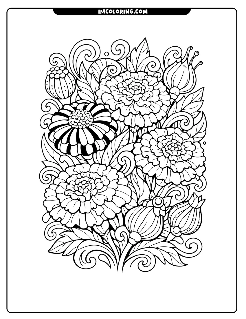 Scene showing Abstract garden with ruffled marigolds and striped zinnias to color