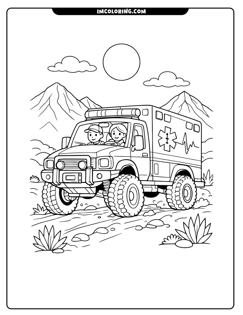 Cute Rugged off-road ambulance driving through a desert mountain landscape outline for coloring