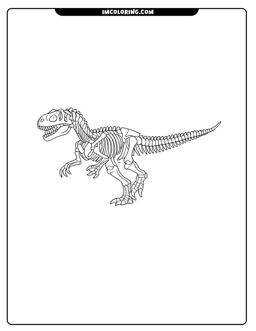 Kids activity sheet showing Running Allosaurus skeleton with a long tail
