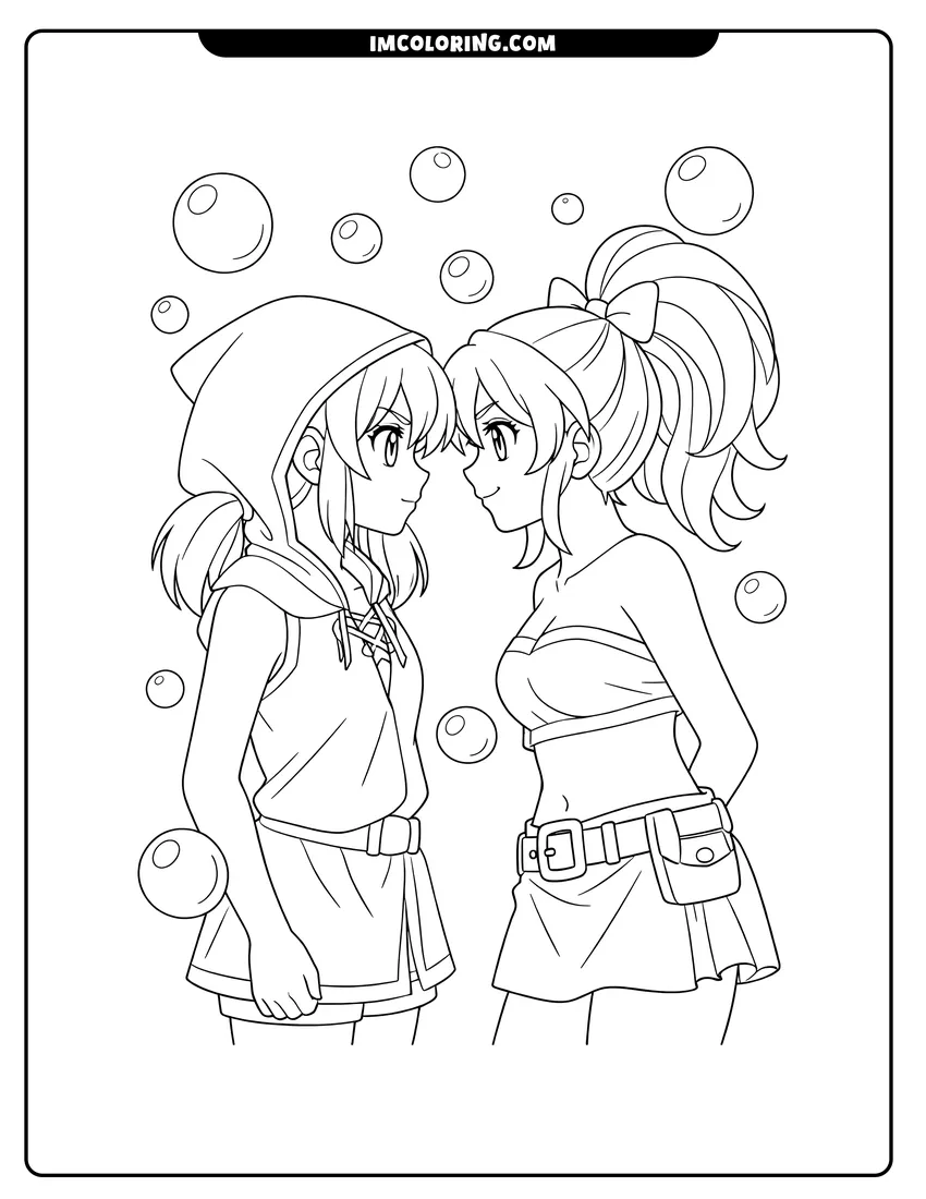 Kawaii style Runo Misaki and Julie Makimoto standing together coloring picture