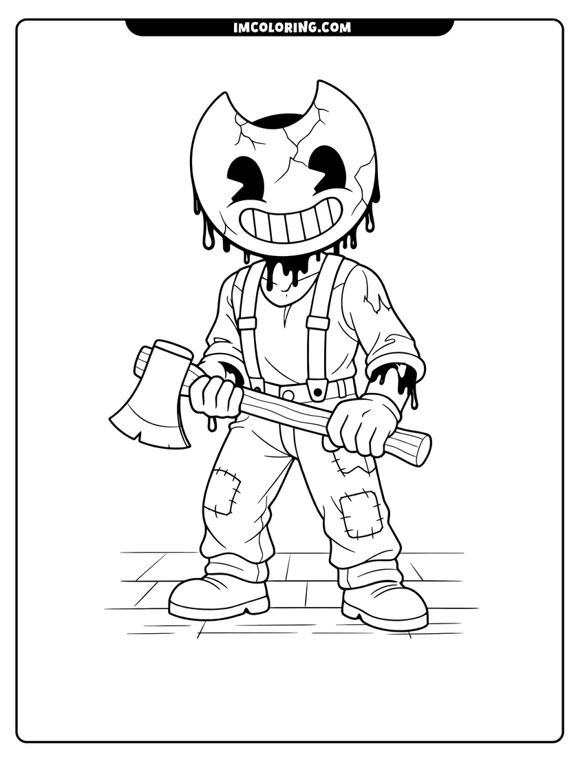 Illustration of Sammy Lawrence wearing a Bendy mask and holding an axe ready for painting