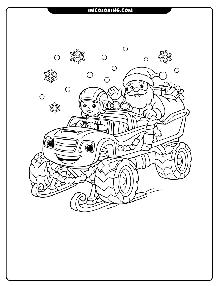 Easy-to-color Santa Claus and AJ in Blaze the monster truck sleigh illustration