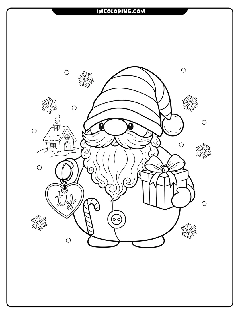 Simple sketch of Round Beanie Boo Santa gnome with gift for children