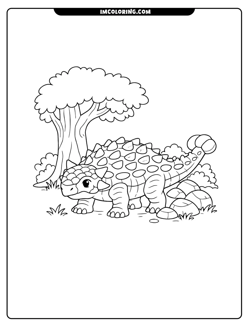 Scaly Ankylosaurus standing in a field next to a tree drawing meant for coloring