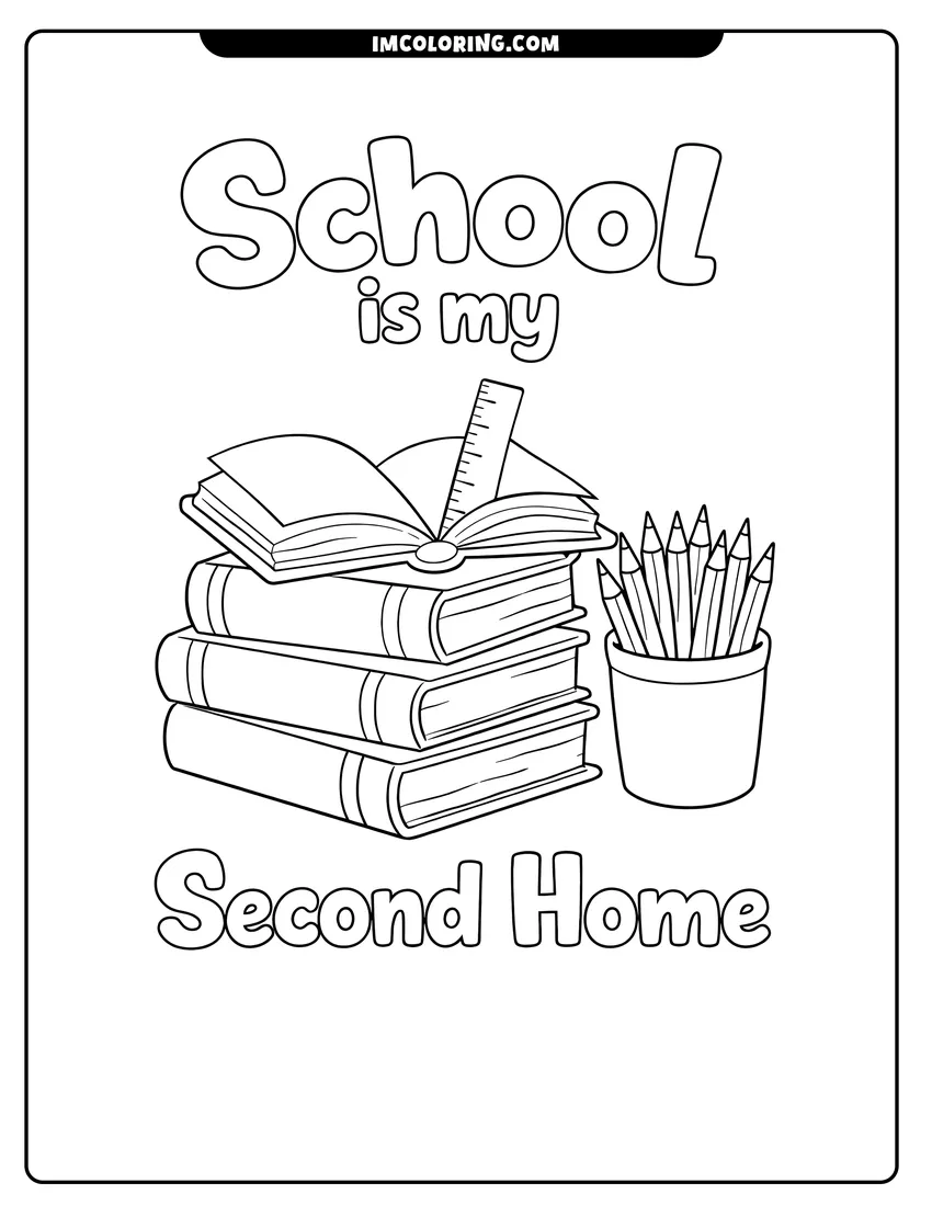 Simple sketch of Textbooks and pencil cup with school home text for children