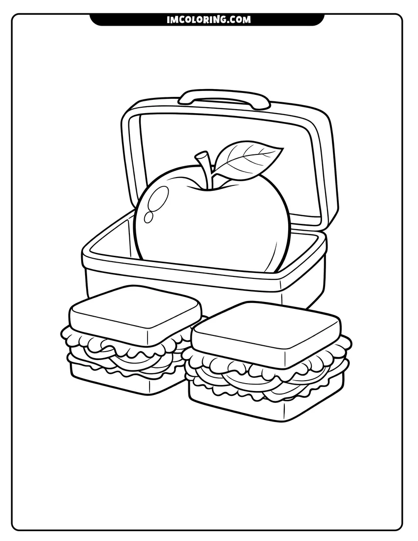 Illustration of Lunchbox with Apple and sandwiches ready for painting