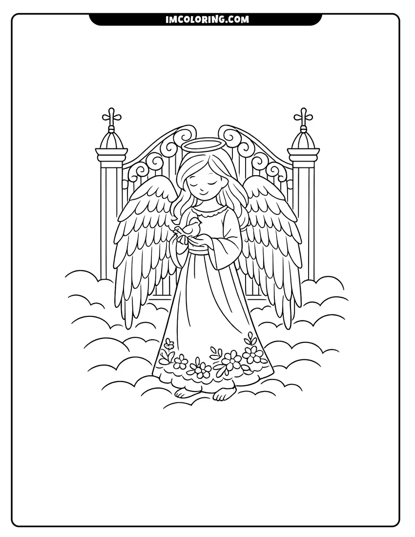 Printable Serene angel standing before ornate heavenly gates coloring activity