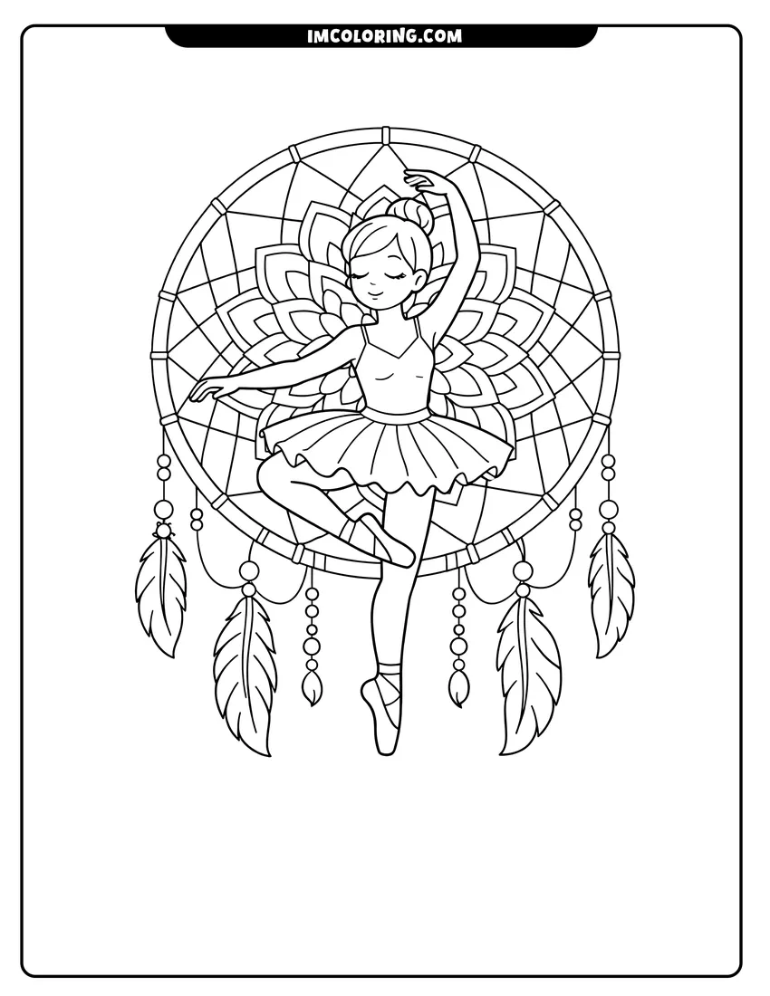 Simple line drawing of Serene ballerina inside a dreamcatcher with feathers