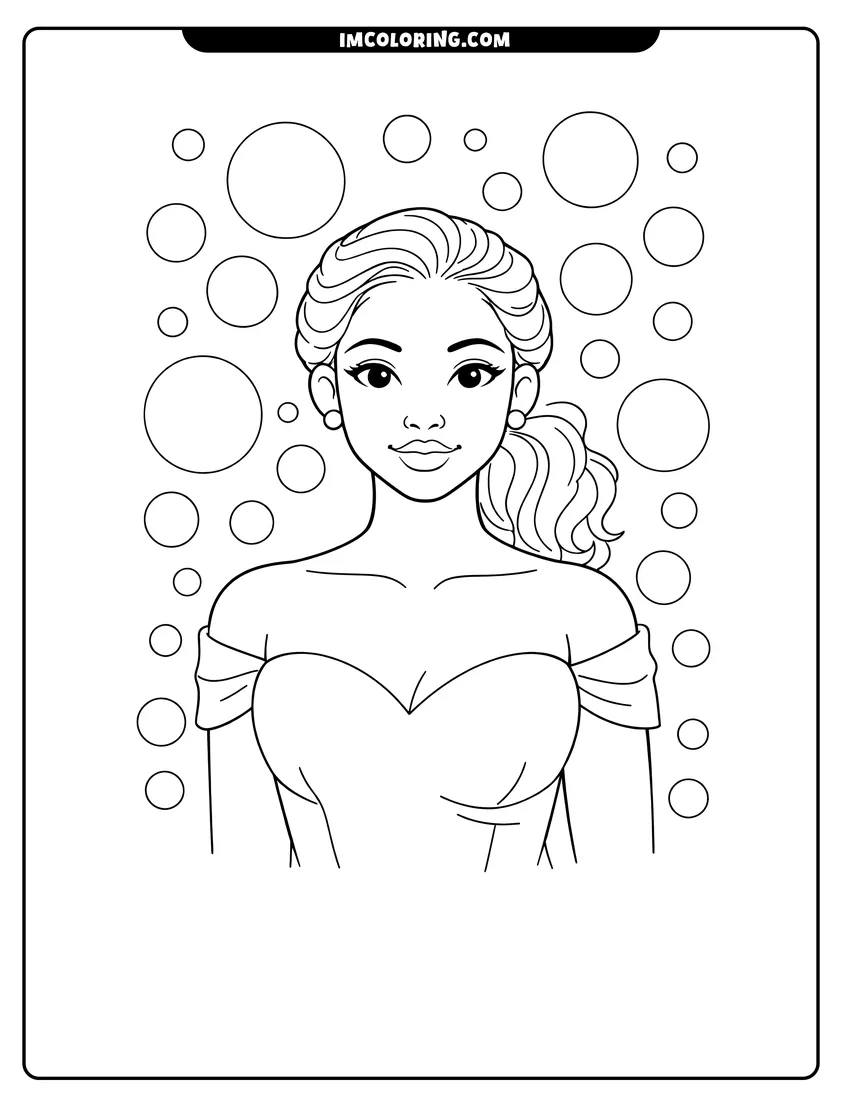 Detailed Serene Black girl in an off-the-shoulder dress design for coloring