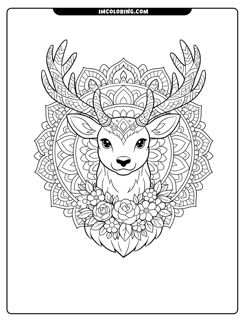Black and white Majestic deer with patterned antlers inside a circular mandala coloring sheet