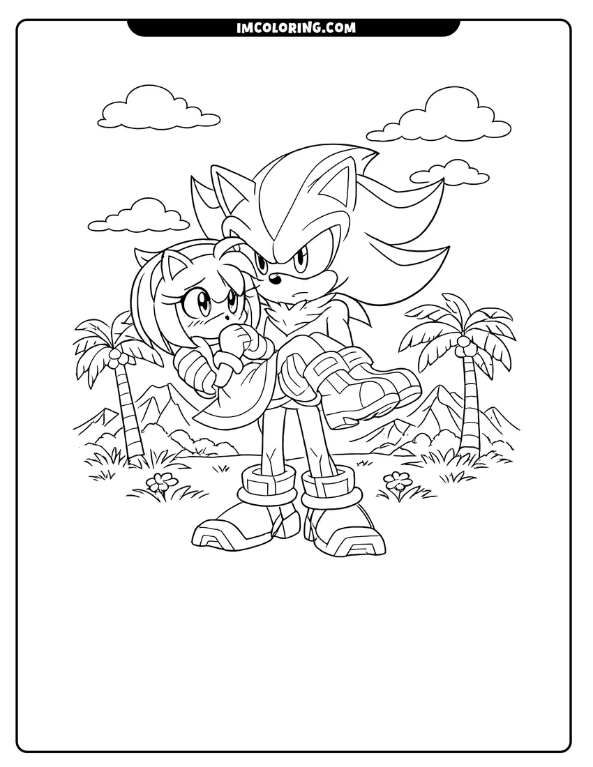 Coloring sheet of Shadow the Hedgehog carrying Amy Rose for kids