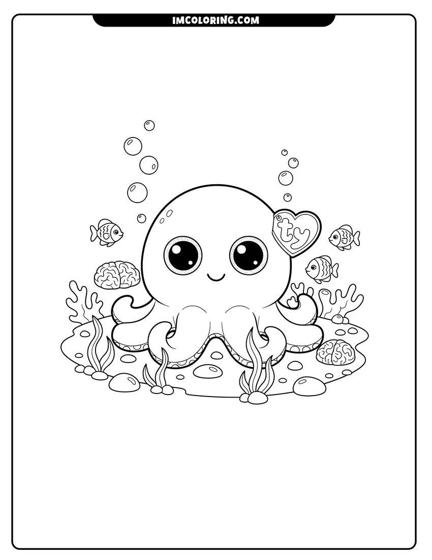 Illustration of Beanie Boo octopus on the ocean floor ready for painting