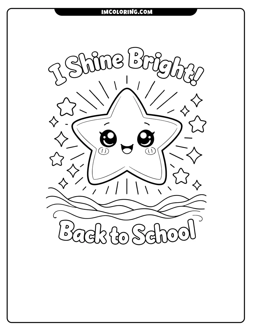 Line art depicting Smiling kawaii star with shine bright text