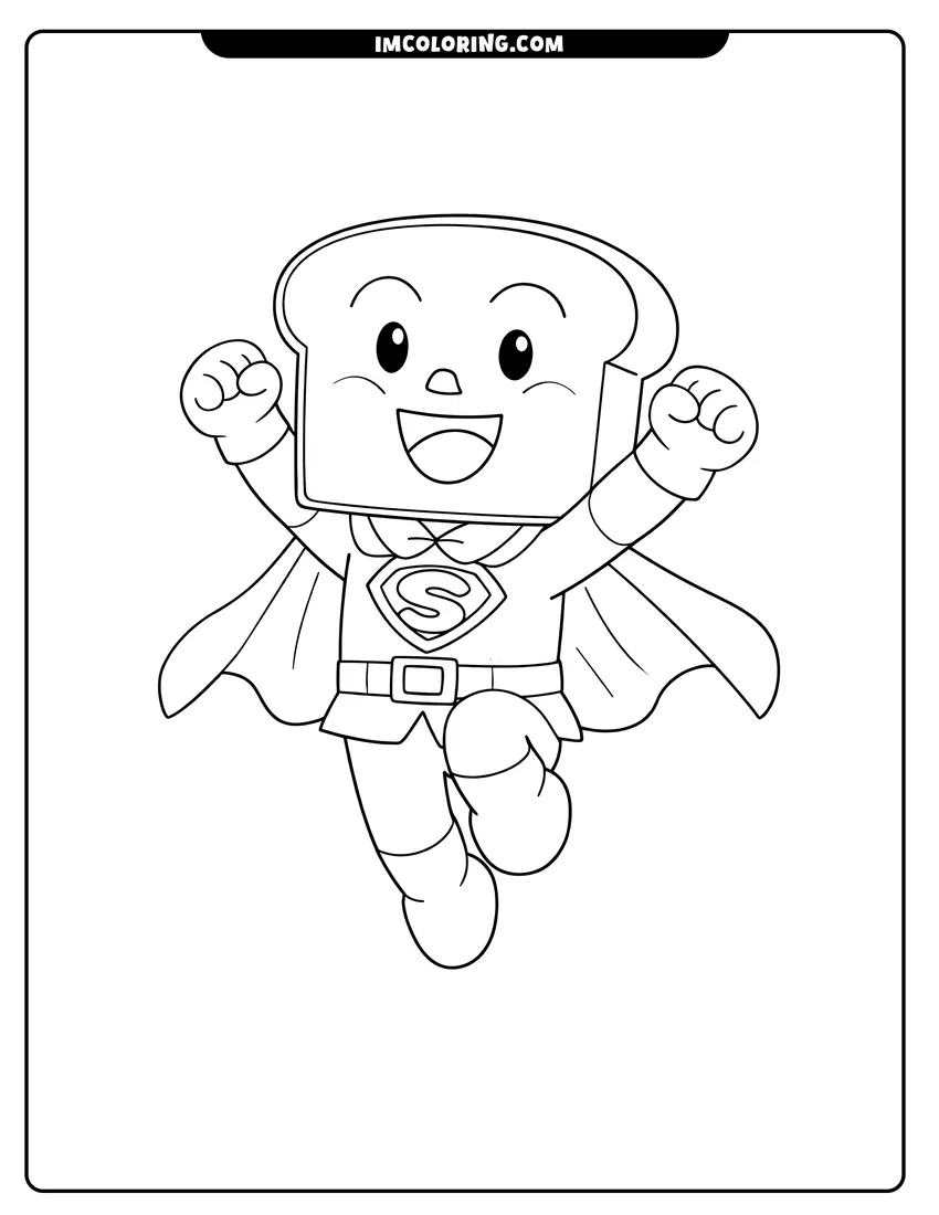 Kids activity sheet showing Shokupanman jumping joyfully in his superhero costume