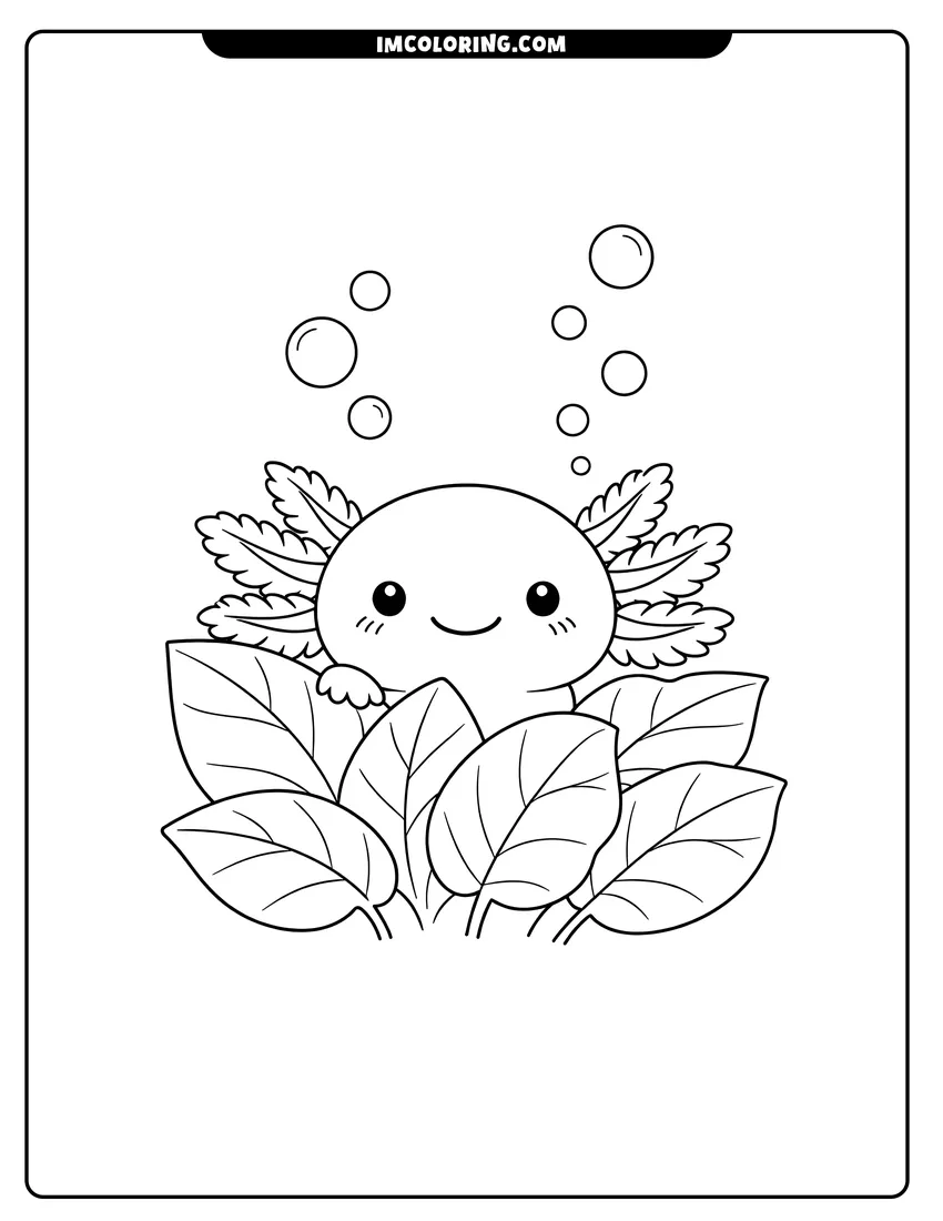 Easy-to-color Shy axolotl partially hidden behind large aquatic leaves illustration