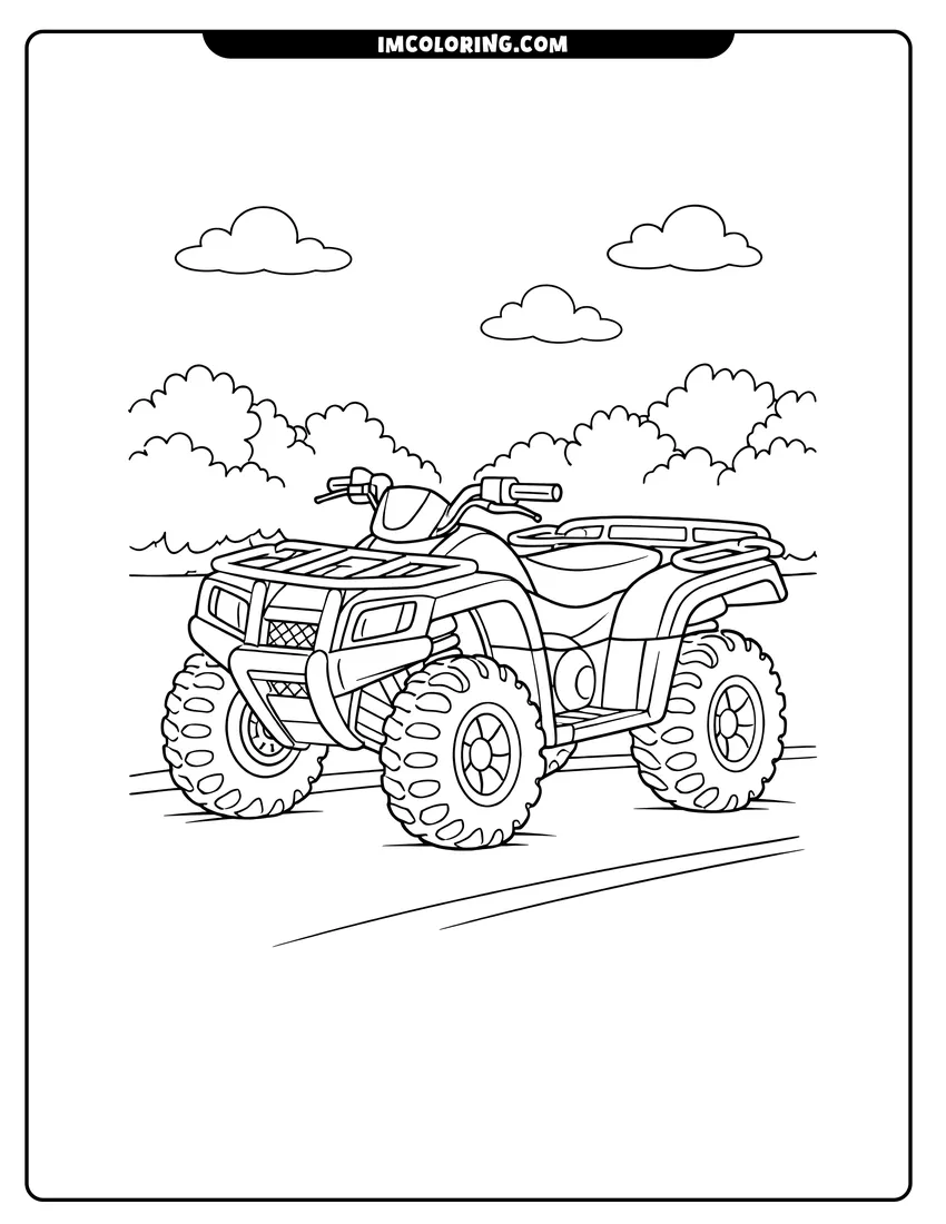 Simple sketch of Four-wheeler ATV with cargo racks on a road for children