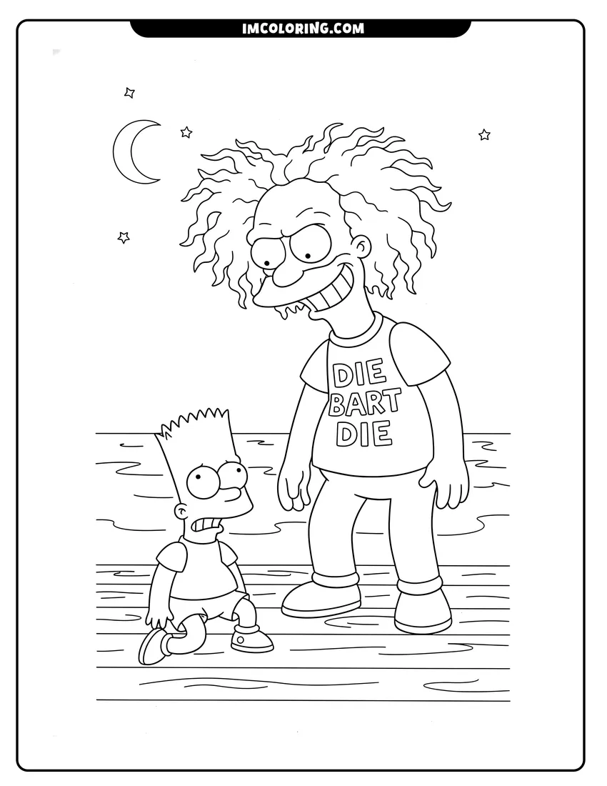 Outline of Sideshow Bob looming over Bart Simpson on a boat on a white background