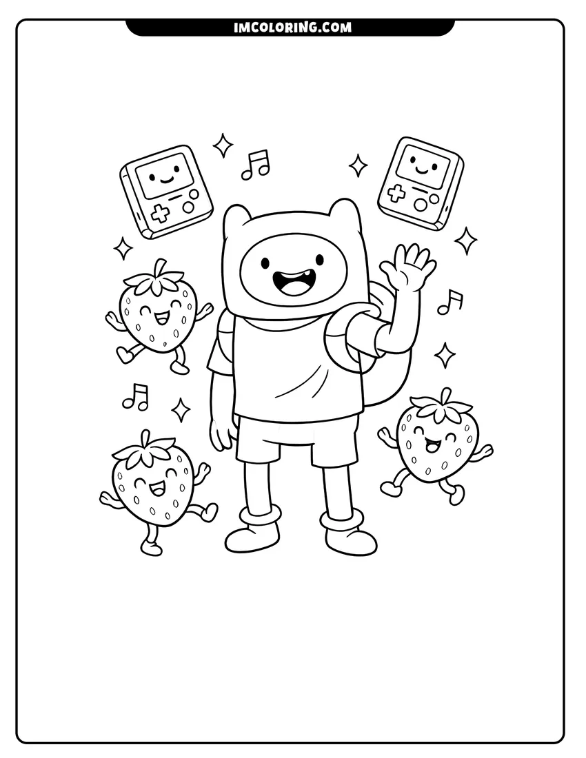 Simple Finn waving with dancing strawberries coloring page for preschoolers