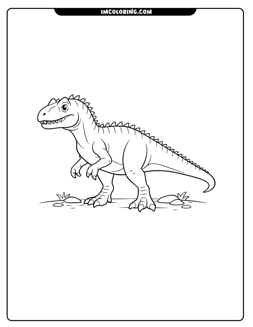 Simple Allosaurus outline standing on the ground drawing meant for coloring