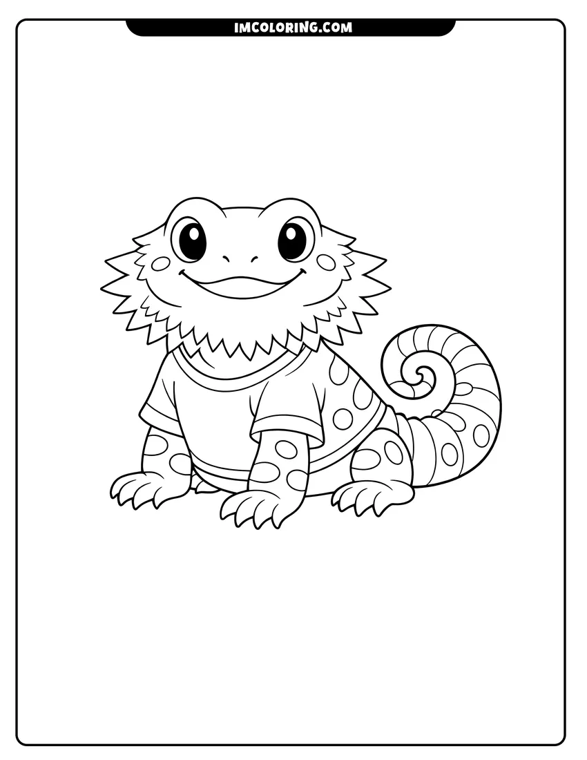 Scene showing Simple cartoon bearded dragon with a curled tail to color