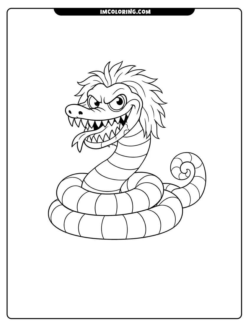 Illustration of Simple cartoon Beetlejuice snake coiled on the ground ready for painting