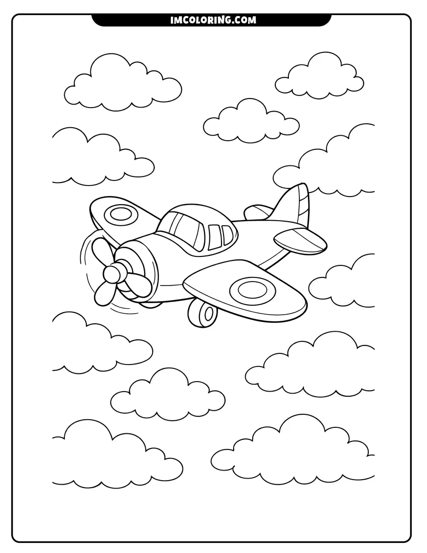 Easy-to-color Simple cartoon propeller airplane with circular wing markings illustration