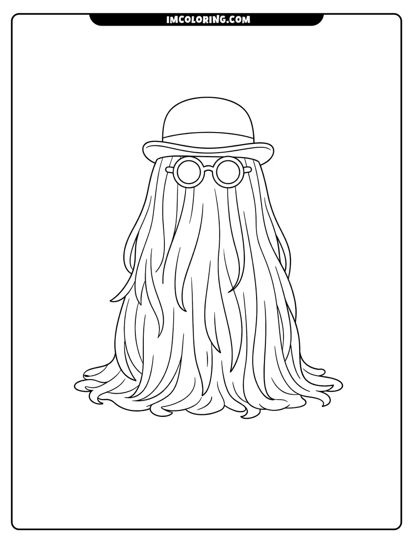 Detailed Cousin Itt wearing a bowler hat and round sunglasses design for coloring