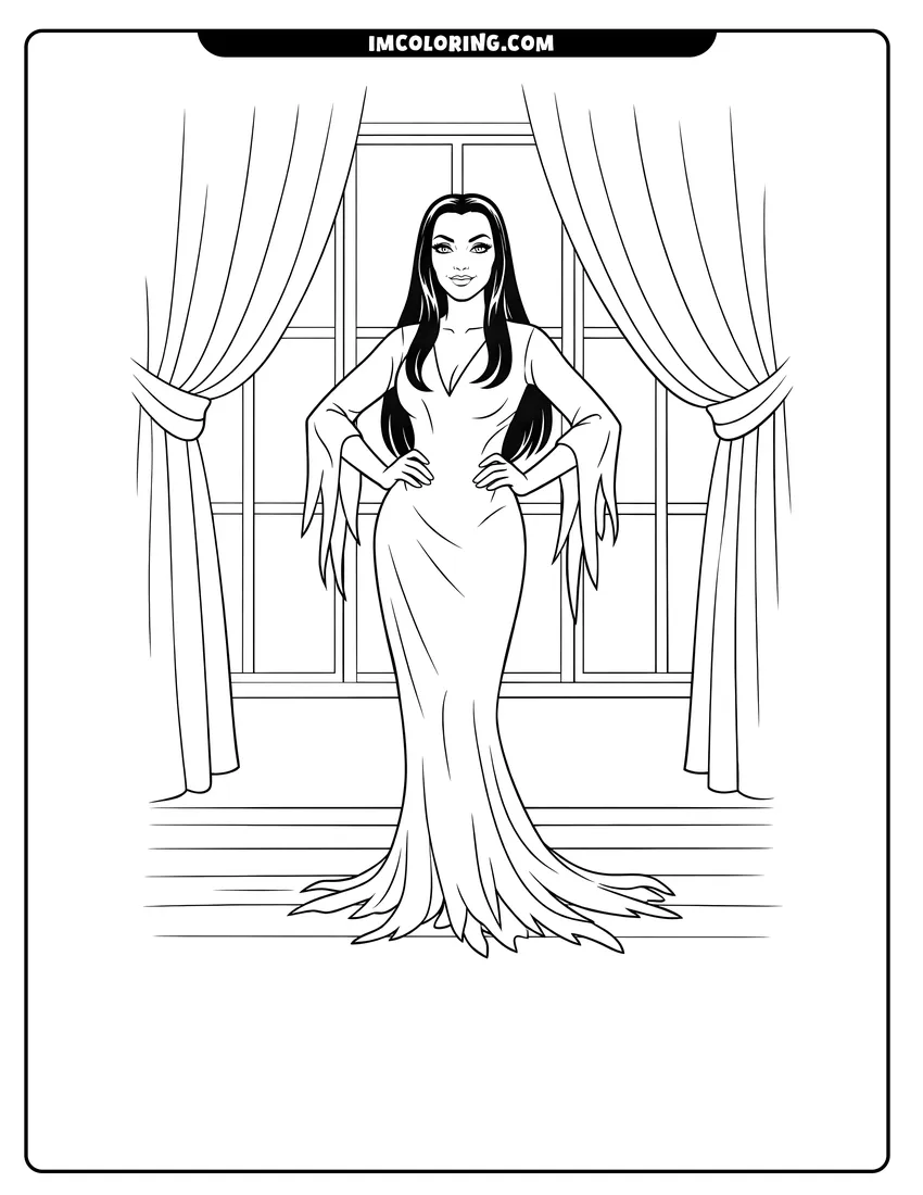 Easy-to-color Morticia Addams posing in front of large curtained windows illustration