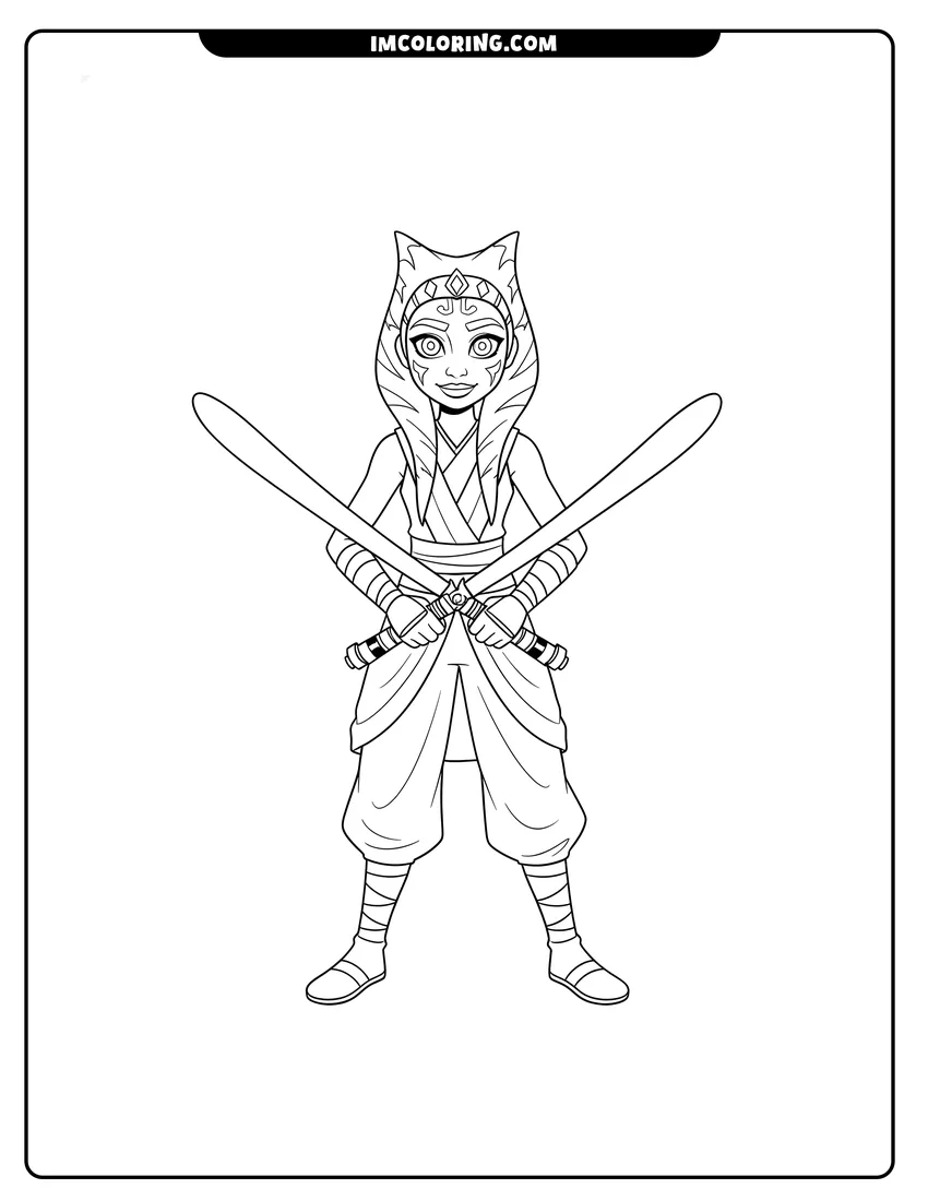 Printable Simple outline of Ahsoka Tano with crossed lightsabers coloring activity