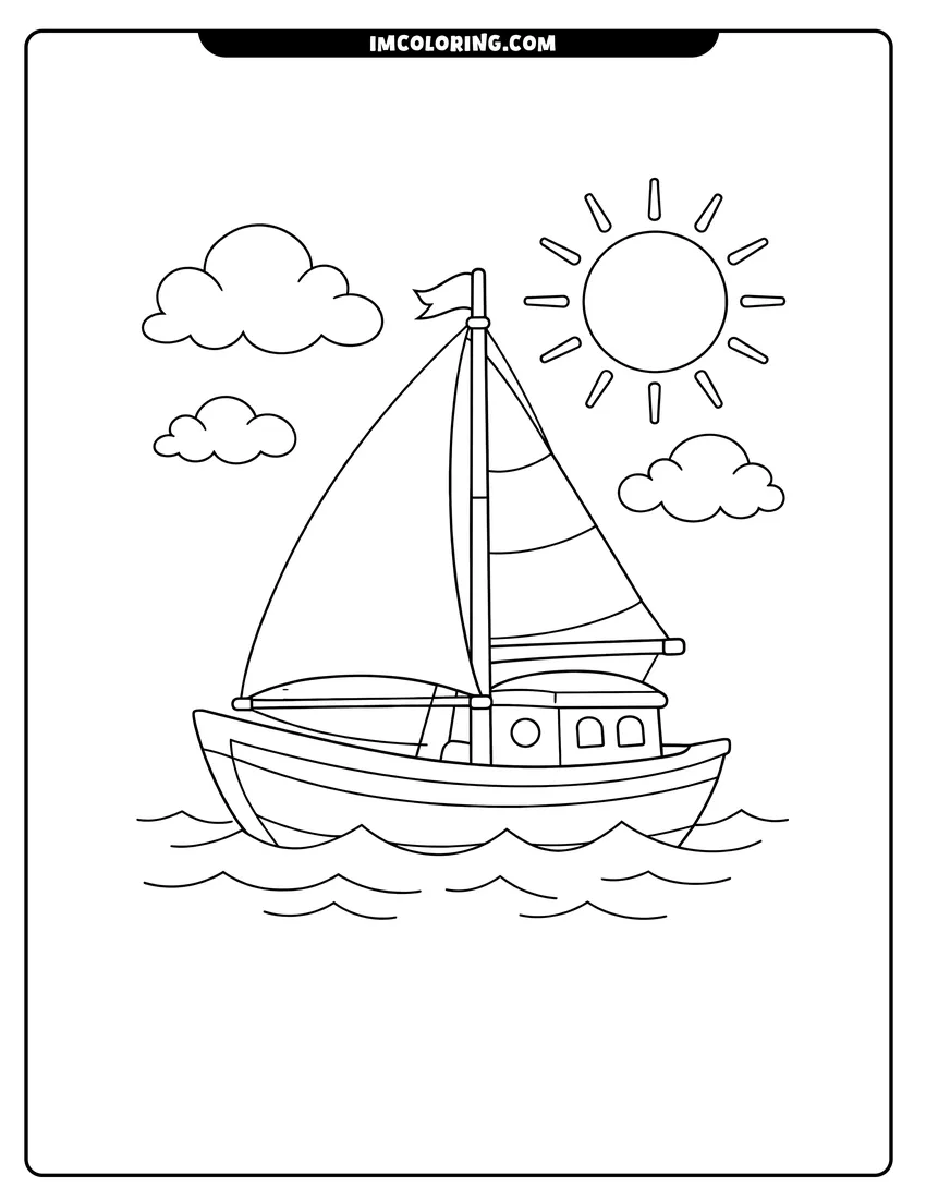 Printable coloring page featuring Simple sailboat with a cabin under a bright sun