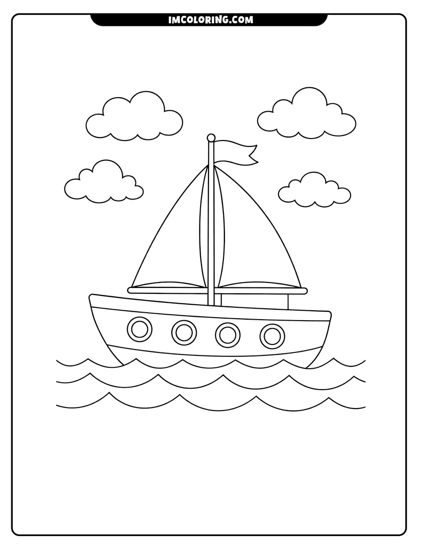 Outline of Simple sailboat with four portholes and a flag on a white background