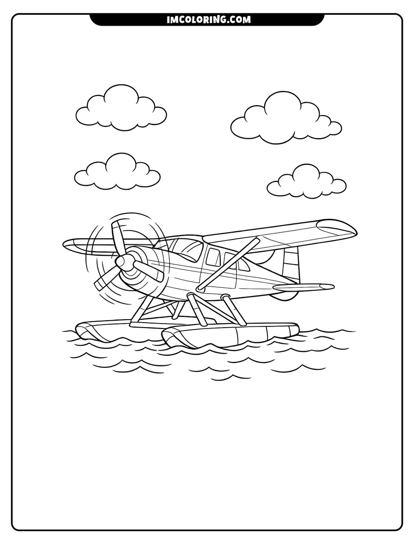 Single-engine seaplane floating on wavy water coloring page for preschoolers