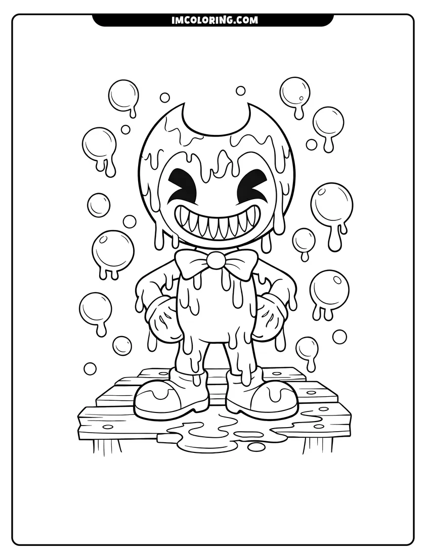 Coloring sheet of Bendy standing on a wooden walkway with dripping ink for kids