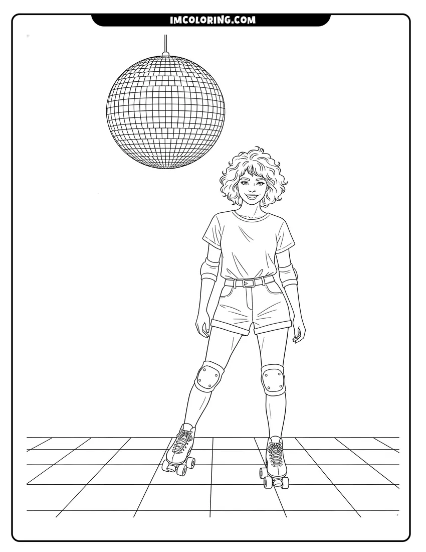 Black and white line art of A smiling woman on quad roller skates under disco ball