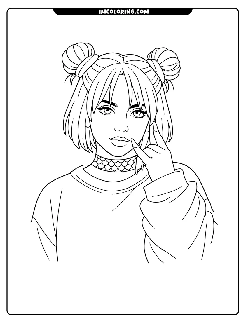 Outline of Billie Eilish raising her pinky finger on a white background