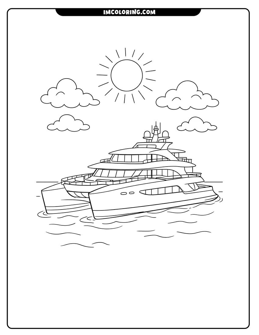 Detailed Modern catamaran super yacht floating on a calm ocean design for coloring
