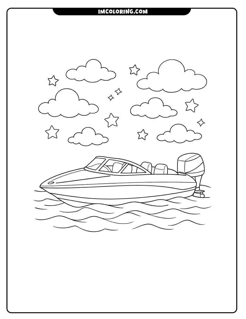 Easy-to-color Sleek jet boat with an outboard motor and stars illustration