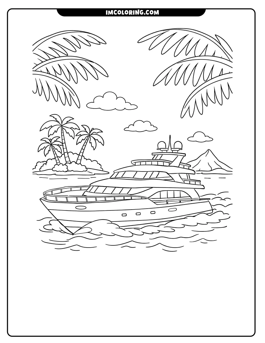 Kids activity sheet showing Multi-level luxury yacht cruising past a tropical palm island