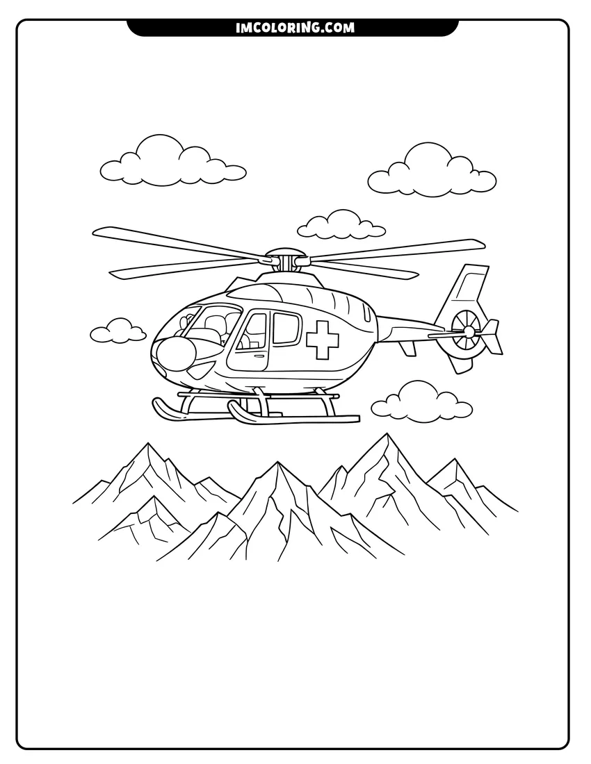 Printable outline of Sleek medical ambulance helicopter flying over mountain peaks